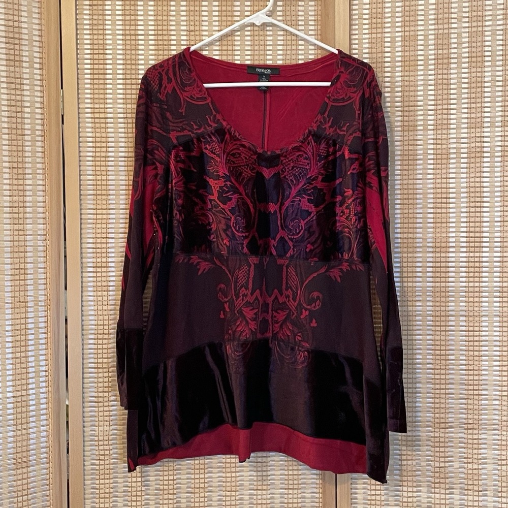 STYLE & CO Women's 1X Top Mixed Fabric Burgundy Paisley Fairy Witchy Long Sleeve